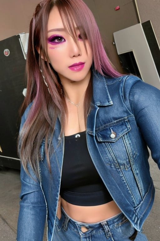 beautiful detailed eyes, tight jeans, cropped denim jacket, kairi sane face, make-up,kairisane,Sexy Pose,Styles Pose,Striking Pose