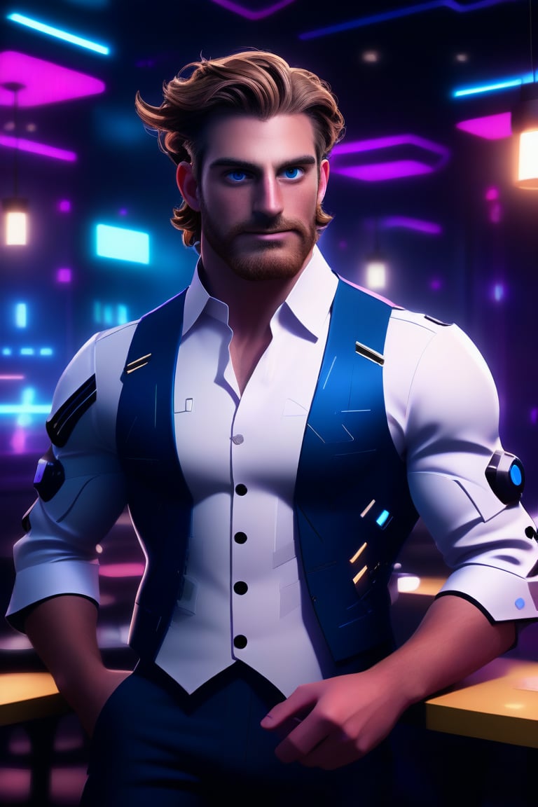 professional 3d, absurdperfect image of a masculine English man called herin,  he has mechanical arms, cyborg, short wavy hair flowing with wind, blue-eyes, beard, cyberpunk, working as a futuristic waiter in the high-tech restaurant elegant , depth of field, leds, in high-tech cyberpunk party, colorful, unreal engine , intricate, well-drawn male person in high-details, cool, nice, vibrant, smooth, clear, high-definition, highres, perfect, futuristic, sci-fi, 