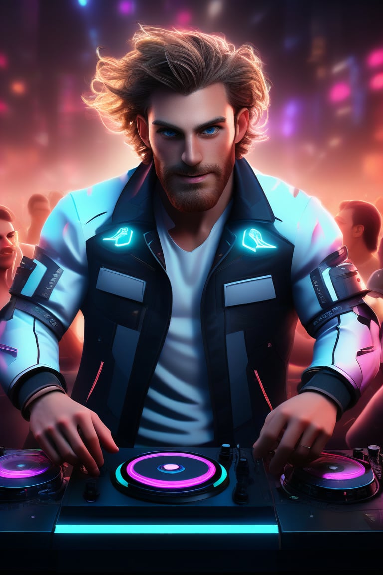 professional 3d, image of a masculine English man called herin,  he has mechanical arms, cyborg, short wavy hair flowing with wind, blue-eyes, beard, cyberpunk, playing as dj at the turntable-system at the pardy, crowd cheering in the faded background, depth of field, leds, in high-tech cyberpunk party, colorful, unreal engine , intricate, well-drawn male person in high-details, cool, nice, vibrant, smooth, clear, high-definition, highres, perfect, futuristic, sci-fi, 