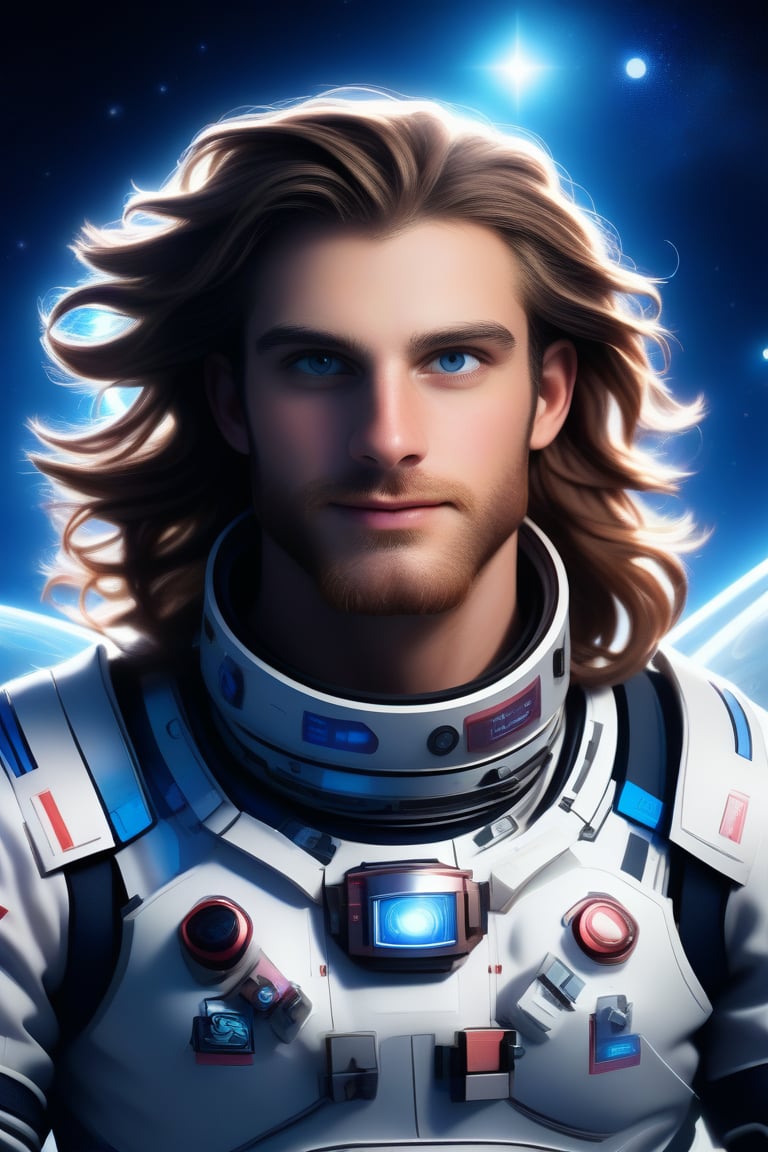 professional 3d, image of a masculine English man called herin, male astronaut uniform, astronaut gloves on, he has mechanical arms, cyborg, long messy wavy hair flowing with wind, blue-eyes, beard, cyberpunk, on the moon, star lit sky, high-tech, colorful, unreal engine , intricate, well-drawn male person in high-details, cool, nice, vibrant, smooth, clear, high-definition, highres, perfect, futuristic, sci-fi, 