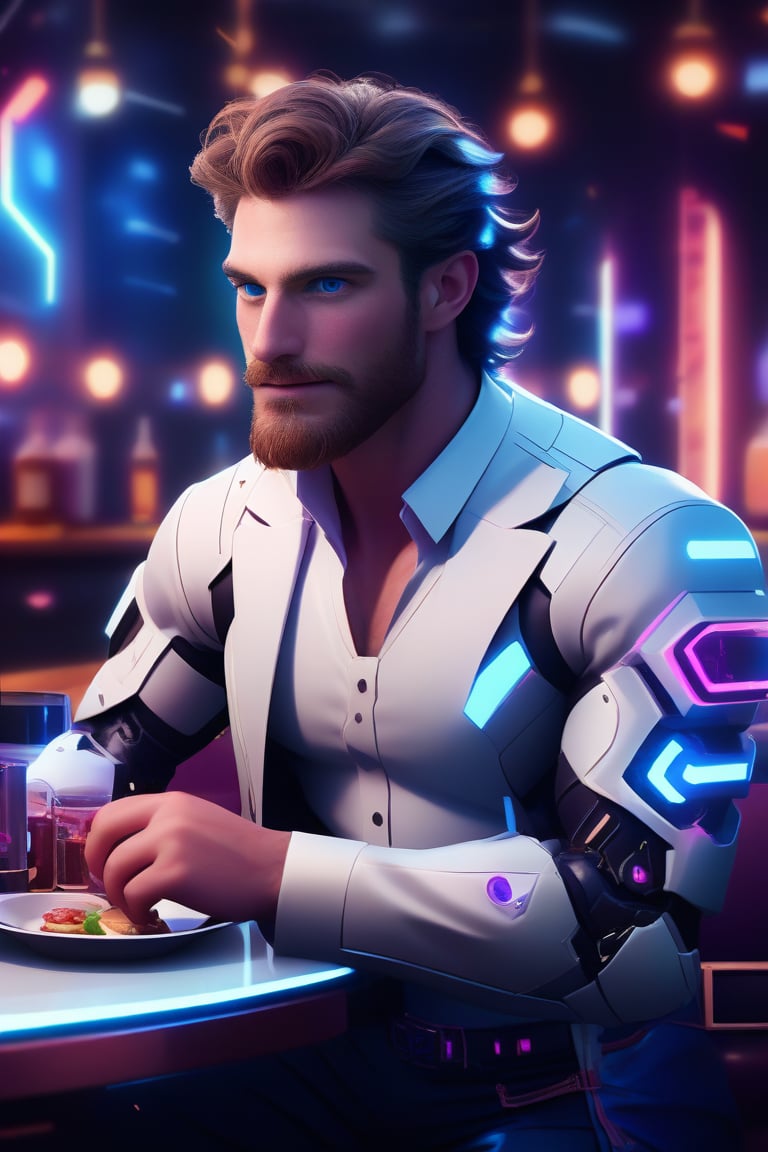 professional 3d, absurdperfect image of a masculine English man called herin,  he has mechanical arms, cyborg, short wavy hair flowing with wind, blue-eyes, beard, cyberpunk, working as a futuristic waiter in the high-tech restaurant elegant , depth of field, leds, in high-tech cyberpunk party, colorful, unreal engine , intricate, well-drawn male person in high-details, cool, nice, vibrant, smooth, clear, high-definition, highres, perfect, futuristic, sci-fi, 