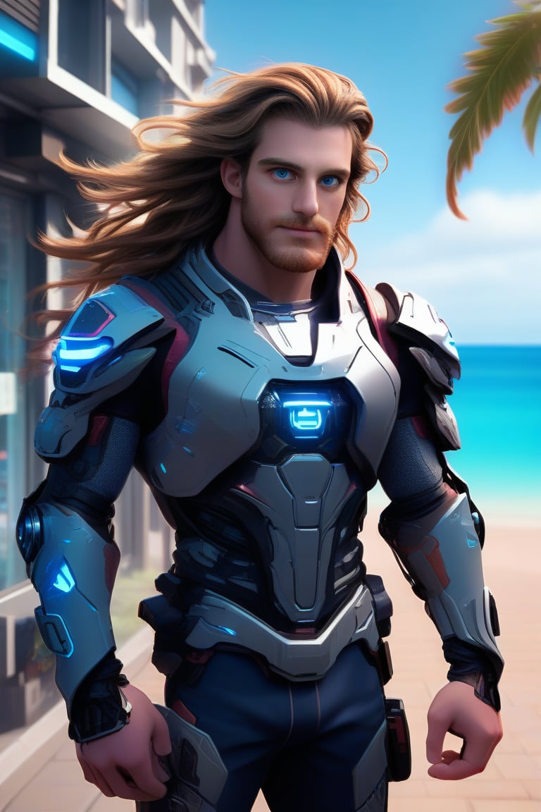 professional 3d, image of a masculine English man called herin at the coast sci-fi street, he has mechanical arms, cyborg, long messy wavy hair flowing with wind, blue-eyes, beard, cyberpunk, nature, high-tech, colorful, unreal engine , intricate, well-drawn male person in high-details, cool, nice, vibrant, smooth, clear, high-definition, highres, perfect, futuristic, sci-fi, 