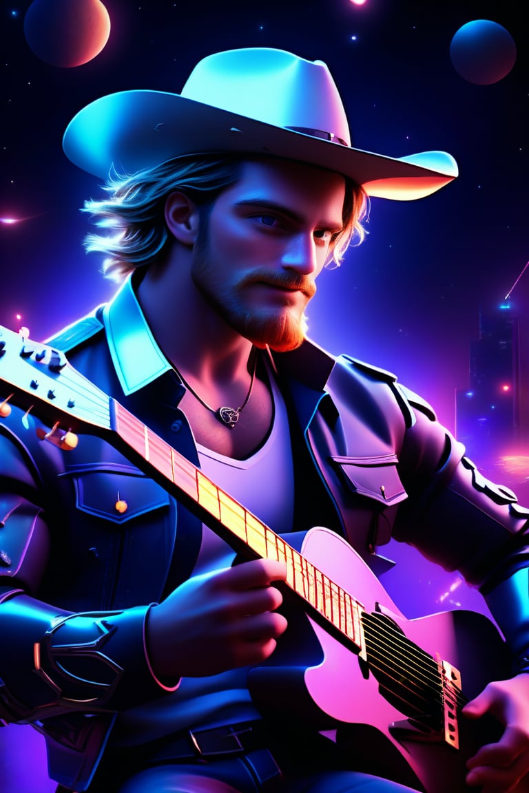 professional 3d, image of a masculine English man called herin, has cowboy hat on,  he has mechanical arms, cyborg, short wavy hair flowing with wind, blue-eyes, beard, cyberpunk, playing neon-guitar while focused, leds, holographic, on the moon, star lit sky, high-tech, colorful, unreal engine , intricate, well-drawn male person in high-details, cool, nice, vibrant, smooth, clear, high-definition, highres, perfect, futuristic, sci-fi, 