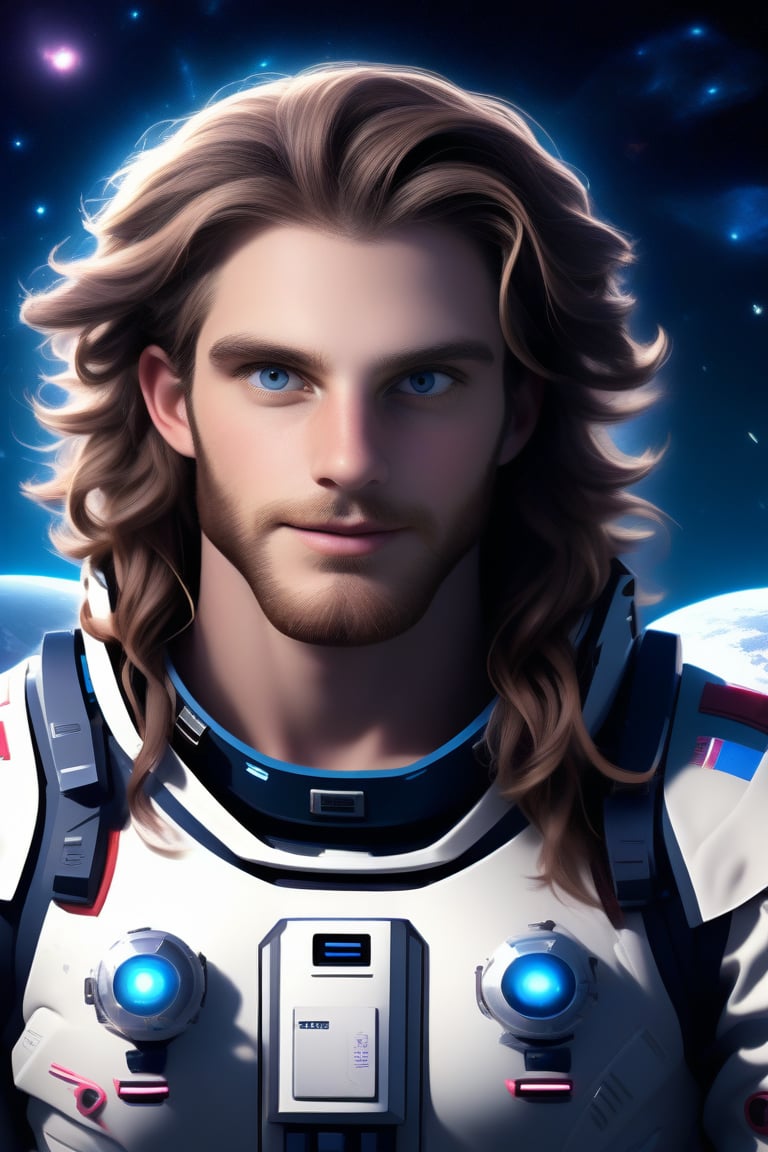 professional 3d, image of a masculine English man called herin, male astronaut uniform, astronaut gloves on, he has mechanical arms, cyborg, long messy wavy hair flowing with wind, blue-eyes, beard, cyberpunk, on the moon, star lit sky, high-tech, colorful, unreal engine , intricate, well-drawn male person in high-details, cool, nice, vibrant, smooth, clear, high-definition, highres, perfect, futuristic, sci-fi, 