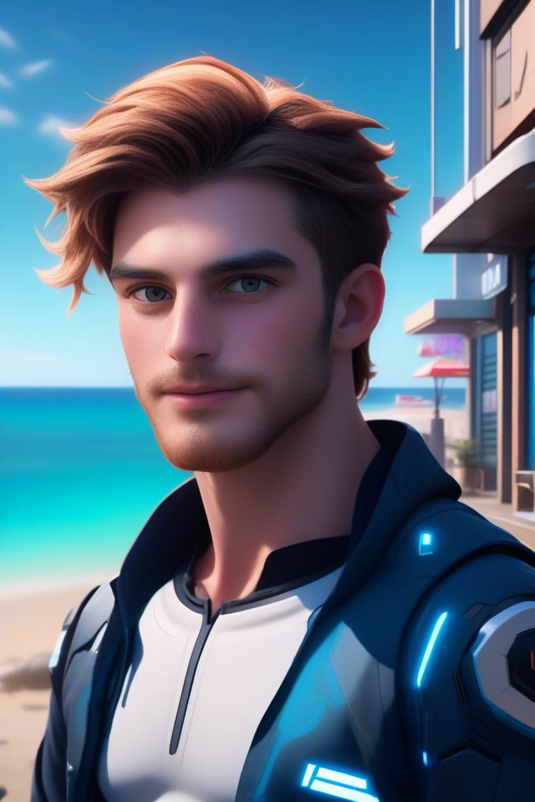 professional 3d, image of a masculine English man called herin at the coast sci-fi street, nature, high-tech, colorful, unreal engine , intricate, well-drawn male person in high-details, cool, nice, vibrant, smooth, clear, high-definition, highres, perfect, futuristic, sci-fi,  