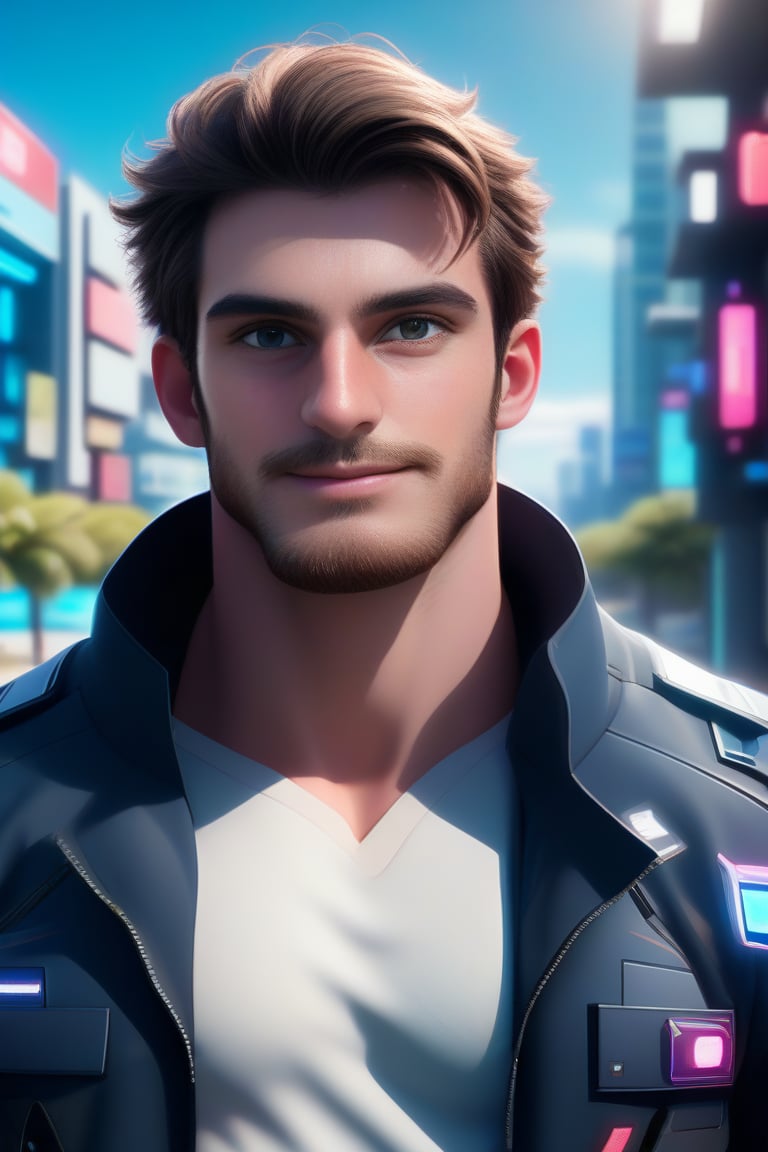 professional 3d, image of a masculine English man called herin at the coast sci-fi street, nature, high-tech, colorful, unreal engine , intricate, well-drawn male person in high-details, cool, nice, vibrant, smooth, clear, high-definition, highres, perfect, futuristic, sci-fi,  