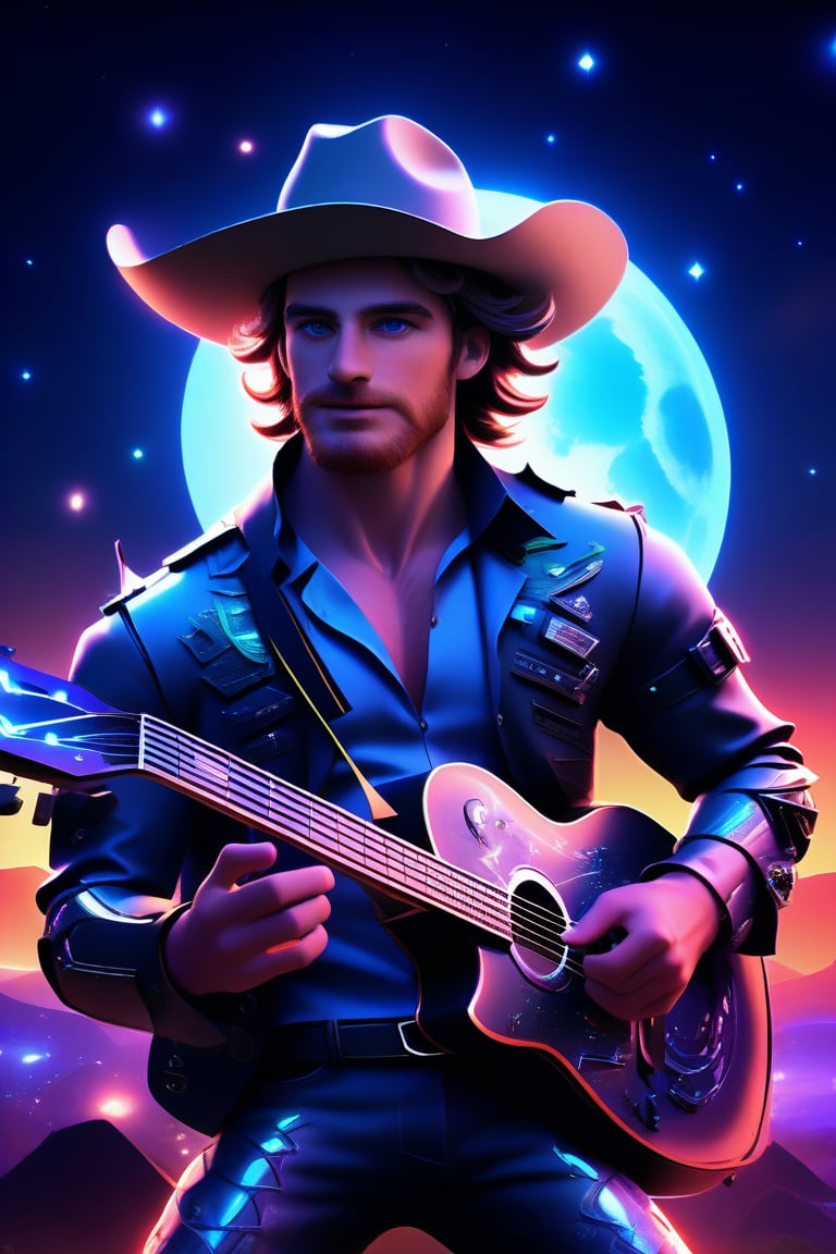 professional 3d, image of a masculine English man called herin, has cowboy hat on,  he has mechanical arms, cyborg, short wavy hair flowing with wind, blue-eyes, beard, cyberpunk, playing neon-guitar while focused, leds, holographic, on the moon, star lit sky, high-tech, colorful, unreal engine , intricate, well-drawn male person in high-details, cool, nice, vibrant, smooth, clear, high-definition, highres, perfect, futuristic, sci-fi, 