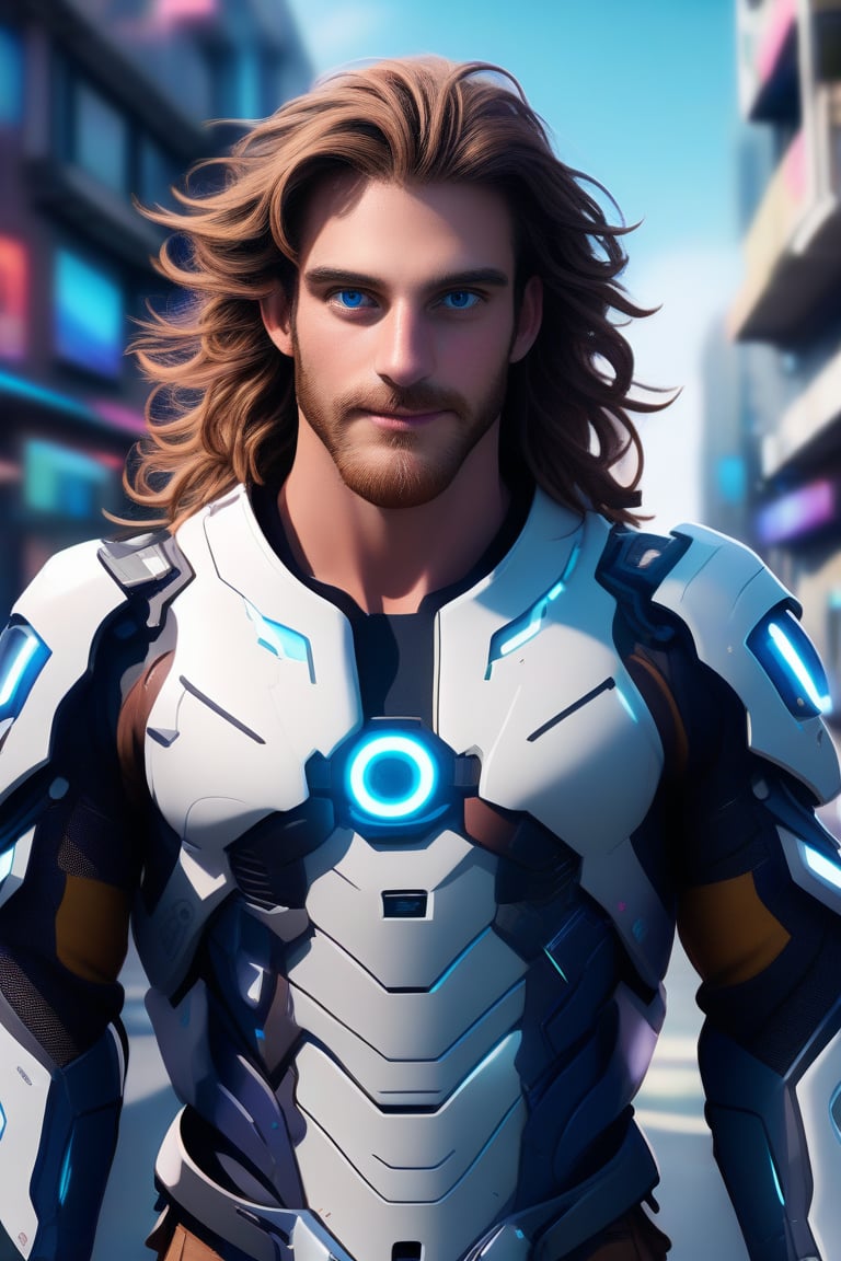 professional 3d, image of a masculine English man called herin at the coast sci-fi street, he has mechanical arms, cyborg, long messy wavy hair flowing with wind, blue-eyes, beard, cyberpunk, nature, high-tech, colorful, unreal engine , intricate, well-drawn male person in high-details, cool, nice, vibrant, smooth, clear, high-definition, highres, perfect, futuristic, sci-fi, 