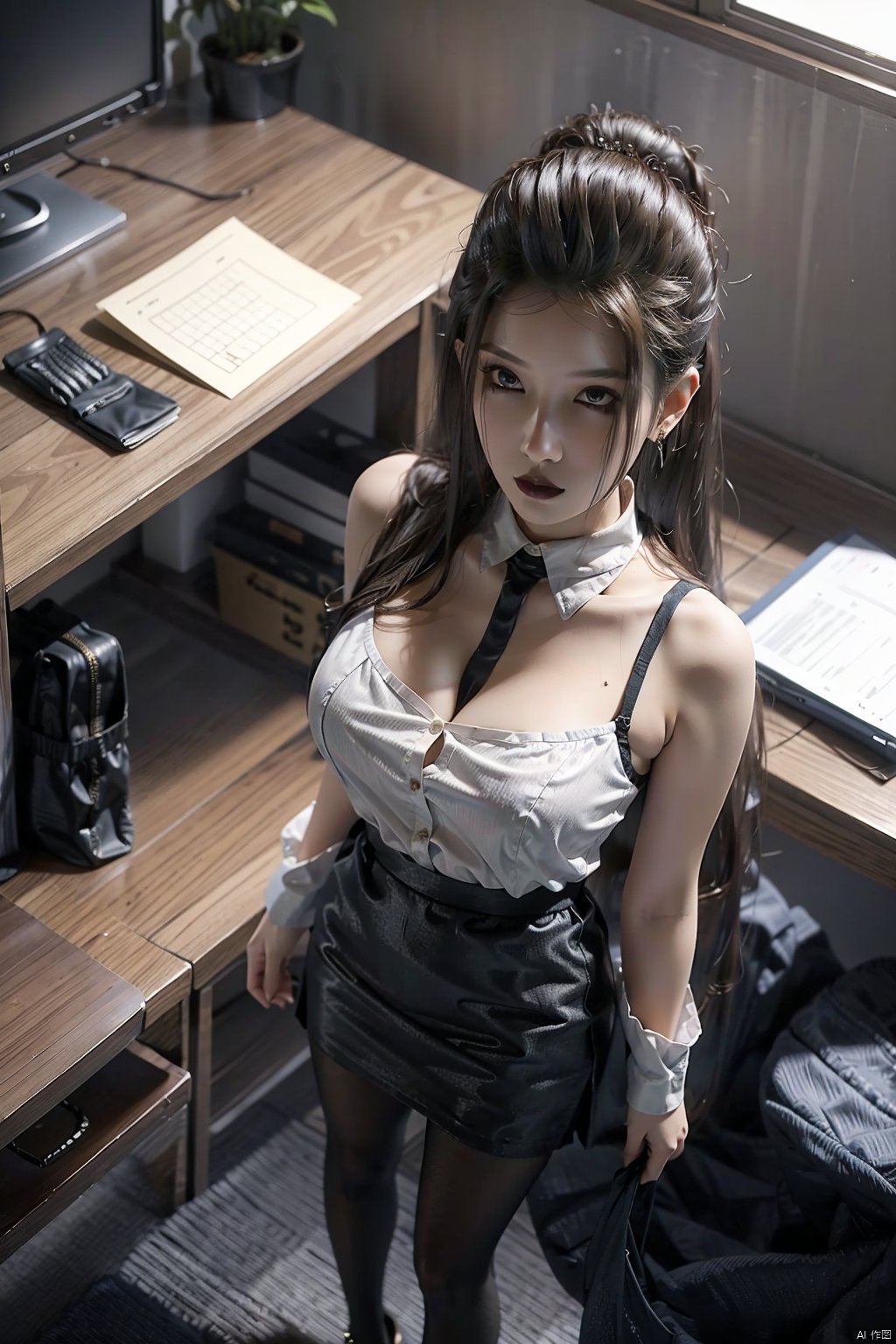  8K image., shinkai color,, ((poakl)),1girl, solo, long hair, breasts, looking at viewer, skirt, large breasts, shirt, black hair, bare shoulders, brown eyes, jewelry, closed mouth, standing, full body, white shirt, pantyhose, earrings, sleeveless, indoors, miniskirt, black skirt, bag, black footwear, high heels, lips, black pantyhose, sleeveless shirt, from above, desk, pencil skirt, office lady