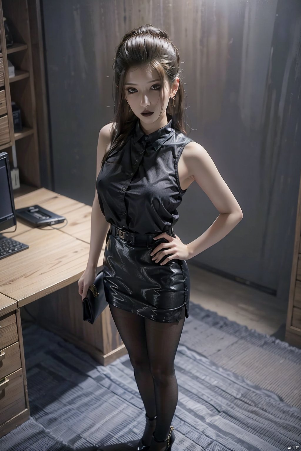  8K image., shinkai color,, ((poakl)),1girl, solo, long hair, breasts, looking at viewer, skirt, large breasts, shirt, black hair, bare shoulders, brown eyes, jewelry, closed mouth, standing, full body, white shirt, pantyhose, earrings, sleeveless, indoors, miniskirt, black skirt, bag, black footwear, high heels, lips, black pantyhose, sleeveless shirt, from above, desk, pencil skirt, office lady