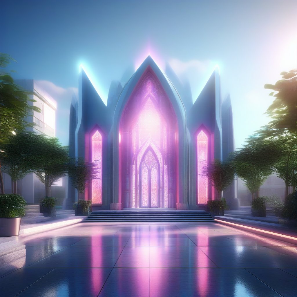 professional 3d, image of a futuristic  church, outdoors, neon columns, holographic glasses, glassy door, ray-tracing reflections refractions, smooth, start lit windows, unreal engine, professional architecture, extremly intricate, pavement, plants, signals, daylight, bright day,