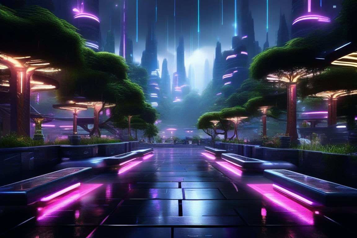 professional 3d, exceptional absurdperfect materpiece image of a futuristic  high-tech urban park, artifical neon trees, intricate benches with led, outdoors, neon columns,  ray-tracing reflections refractions, smooth, start lit windows, unreal engine, professional architecture, extremly intricate, pavement, plants, signals, dark weather, rain, rainning, cyberpunk mountain background, rainy skyes, water, incredibly absurdrers, high-definition, (rendered in Maya) high-octanes,