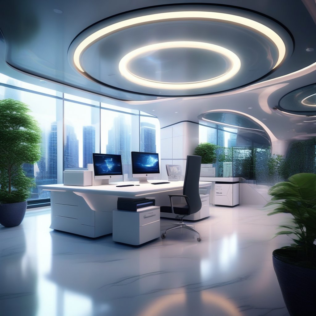 professional 3d, image of a futuristic office, high-tech absurdperfect interiot design, highly-detailed, intricate, computers, cyberdesks, plants, vases, glowing ornaments, uhd, exceptional masterpiece, perfect architecture, marble, raining weather,