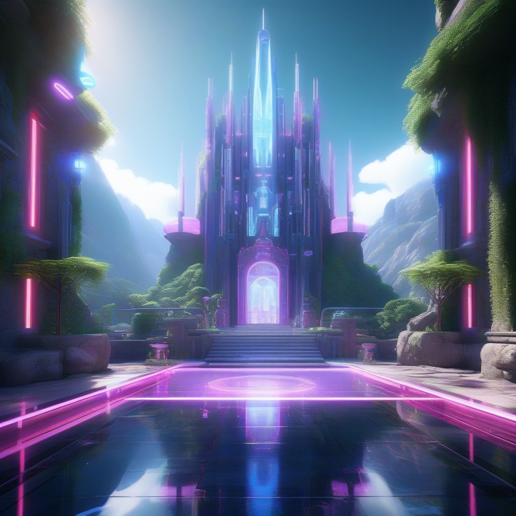 professional 3d, exceptional absurdperfect materpiece image of a futuristic  towering cyber castle, outdoors, neon columns, holographic glasses, glassy door, ray-tracing reflections refractions, smooth, start lit windows, unreal engine, professional architecture, extremly intricate, pavement, plants, signals, daylight, bright day, cyberpunk mountain background, rainy skyes, water, incredibly absurdrers, high-definition, 