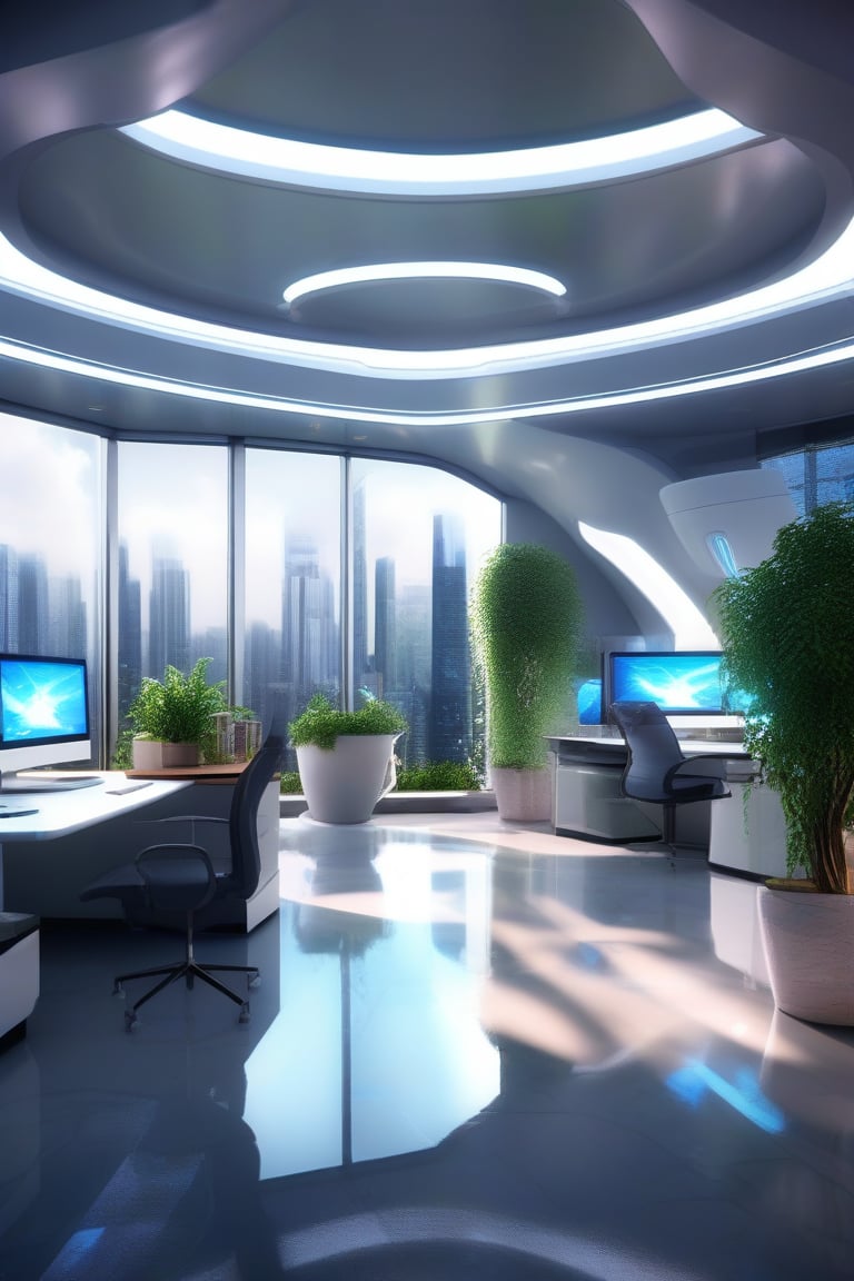 professional 3d, image of a futuristic office, high-tech absurdperfect interiot design, highly-detailed, intricate, computers, cyberdesks, plants, vases, glowing ornaments, uhd, exceptional masterpiece, perfect architecture, marble, raining weather,