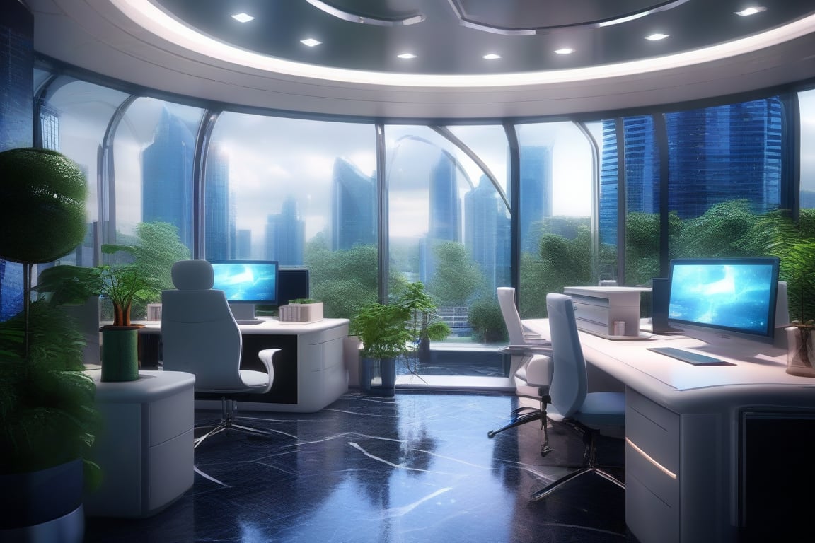 professional 3d, image of a futuristic office, high-tech absurdperfect interiot design, highly-detailed, intricate, computers, cyberdesks, plants, vases, glowing ornaments, uhd, exceptional masterpiece, perfect architecture, marble, raining weather,