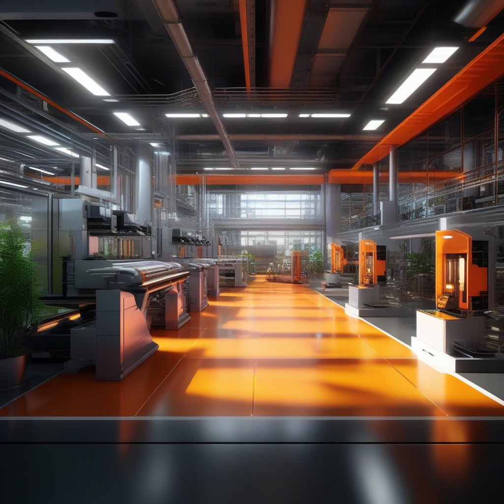 professional 3d, exceptional absurdperfect masterpiece image of a futuristic  high-tech industrial production design, indoors, full-bright ,  ray-tracing reflections refractions, smooth, start lit windows, unreal engine, professional architecture, extremly intricate, industrial machines for robotic productions, advanced engenieering, plants, signals, metallic panels, metallic solid floor, orange signs, realistic, incredibly absurdrers, high-definition, (rendered in Maya) high-octanes,