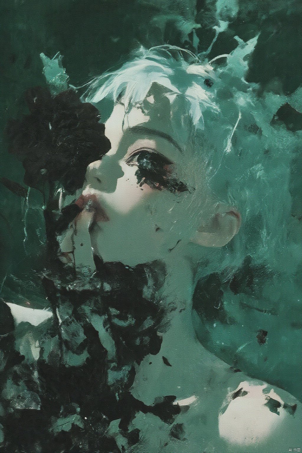 watercolor style,An Acrylic style painting that is expressive, gives it a dynamic and emotional quality. Anime art of a stylized portrait of a woman with a ethereal black and green mist surrounding her body. The mist creates a dramatic and surreal effect. A black flower, that is blooming, covering one eye, attached to the face. The woman has a cold aesthetic, complimented by her white hair. Anime art of woman draped in shadows with a lighting that enhances her unique features. The background is dark green, filled with black rose petals. Holding finger to lips, shush, shushing motion,.,Winslow Homer style