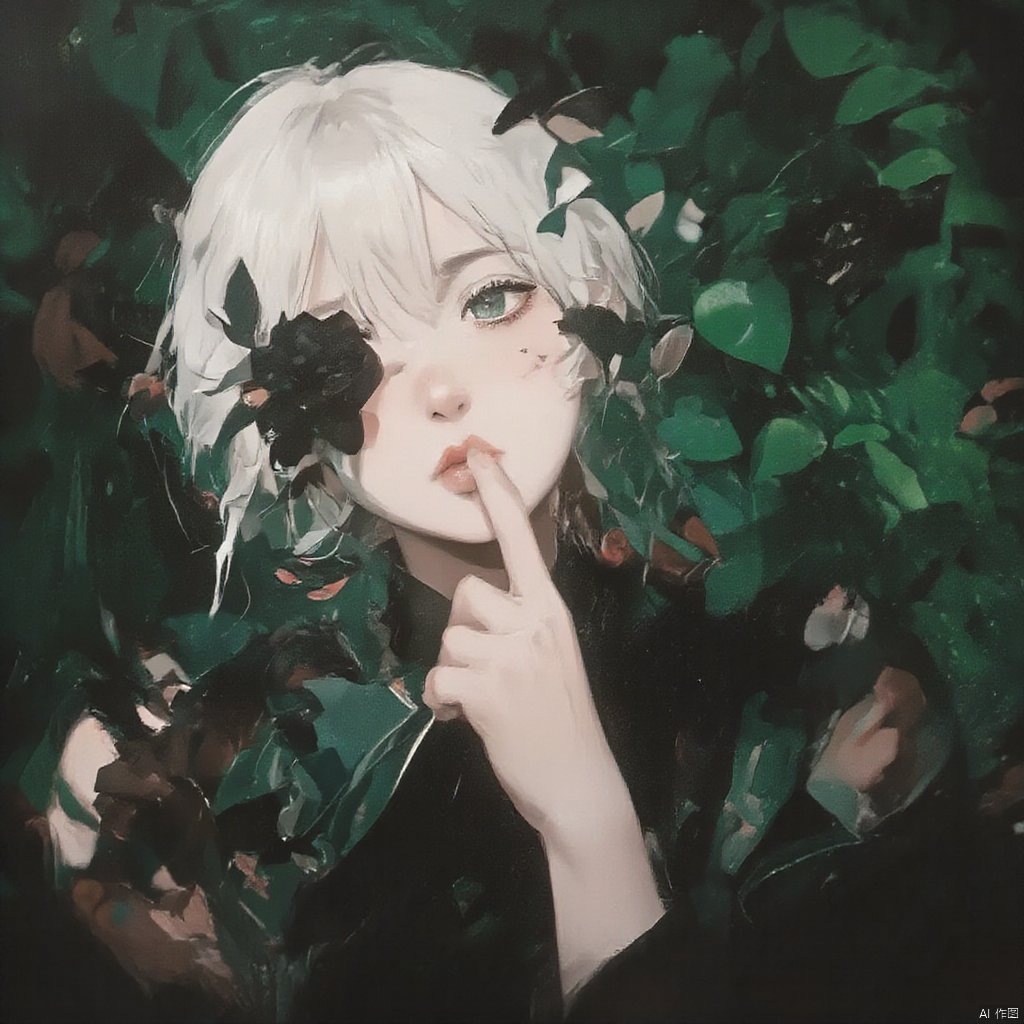 An Acrylic style painting that is expressive, gives it a dynamic and emotional quality. Anime art of a stylized portrait of a woman with a ethereal black and green mist surrounding her body. The mist creates a dramatic and surreal effect. A black flower, that is blooming, covering one eye, attached to the face. The woman has a cold aesthetic, complimented by her white hair. Anime art of woman draped in shadows with a lighting that enhances her unique features. The background is dark green, filled with black rose petals. Holding finger to lips, shush, shushing motion,
