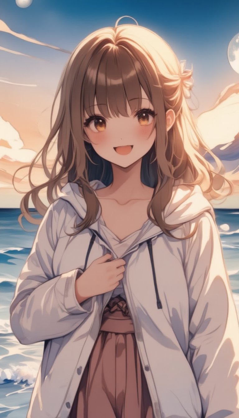 Masterpiece, Illustration, 1 Woman, Solo, Looking at viewer, Smiling, Long hair, Hair blowing in the wind, Bangs, Brown hair, Long sleeves, Brown eyes, Collarbone, Upper body, Outdoors, Smiling, Open lips, Sky, Dusk, Moon, Clouds, Hood, Water, Hoodie, Ocean, Beach, Hood down, Wind, (Backlit: 1.3), Horizon, Drawstring, ((White hoodie with illustration of a girl printed on it: 1.5)), Waves, Contrails,watercolor style