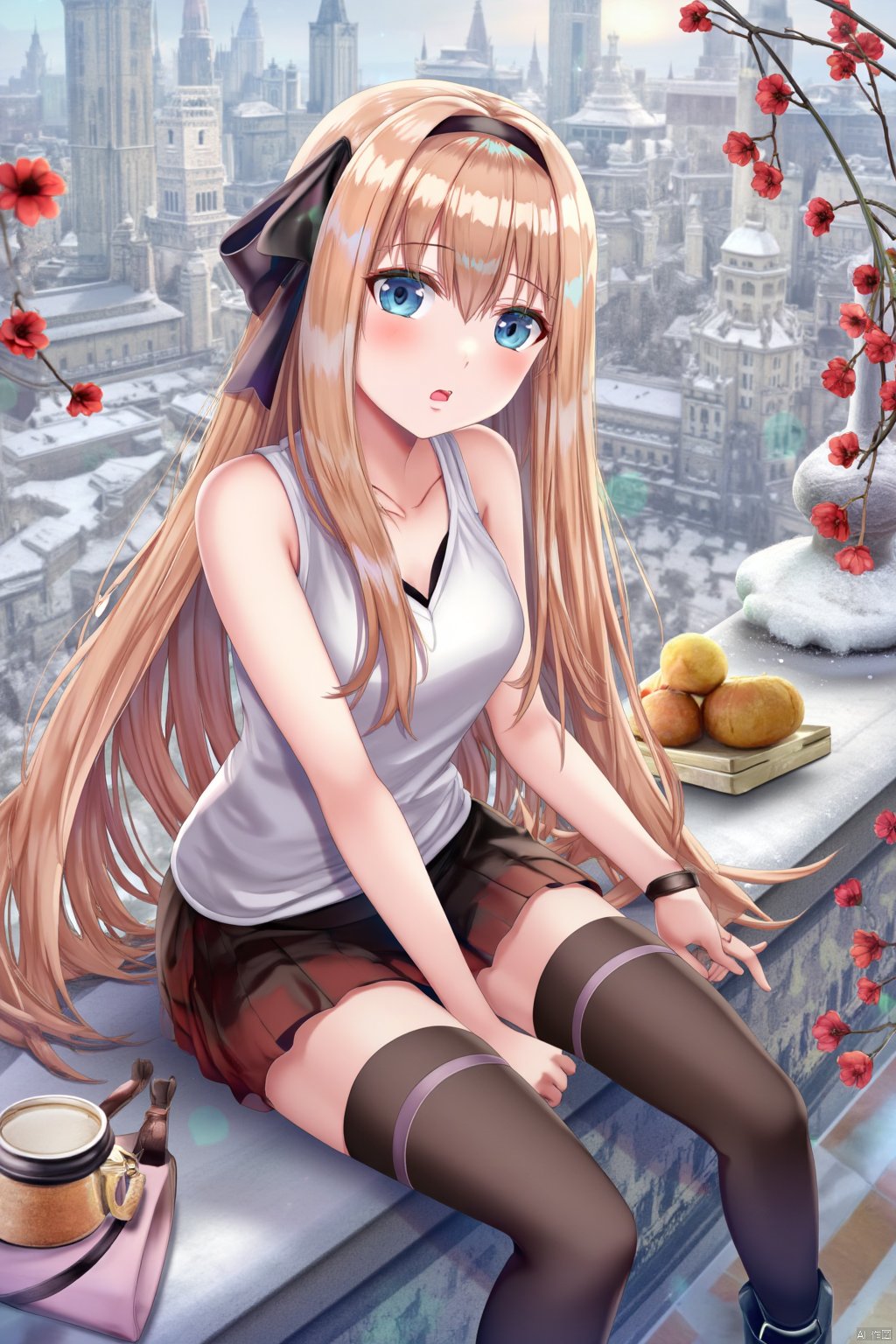 A high-quality masterpiece by artist Torino Aqua,A young girl with long hair, wearing thigh-highs and a sleeveless shirt, sits on a branch in the snow. She has very long hair, dons black thigh-highs and shoes, and holds a red flower and food. Her head is tilted, and she has black thigh-highs and grey eyes. The girl is holding a fruit and a bird, wearing a pleated skirt, white shirt, and black footwear. She has parted lips and a see-through hair ribbon. It's snowing, and the girl looks at the viewer with a surprised expression.