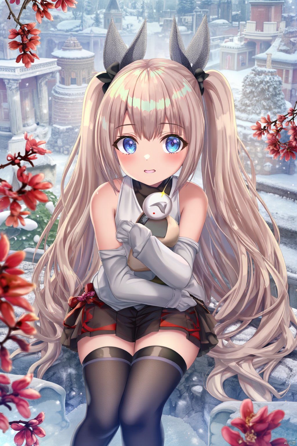 A high-quality masterpiece by artist Torino Aqua,A young girl with long hair, wearing thigh-highs and a sleeveless shirt, sits on a branch in the snow. She has very long hair, dons black thigh-highs and shoes, and holds a red flower and food. Her head is tilted, and she has black thigh-highs and grey eyes. The girl is holding a fruit and a bird, wearing a pleated skirt, white shirt, and black footwear. She has parted lips and a see-through hair ribbon. It's snowing, and the girl looks at the viewer with a surprised expression.