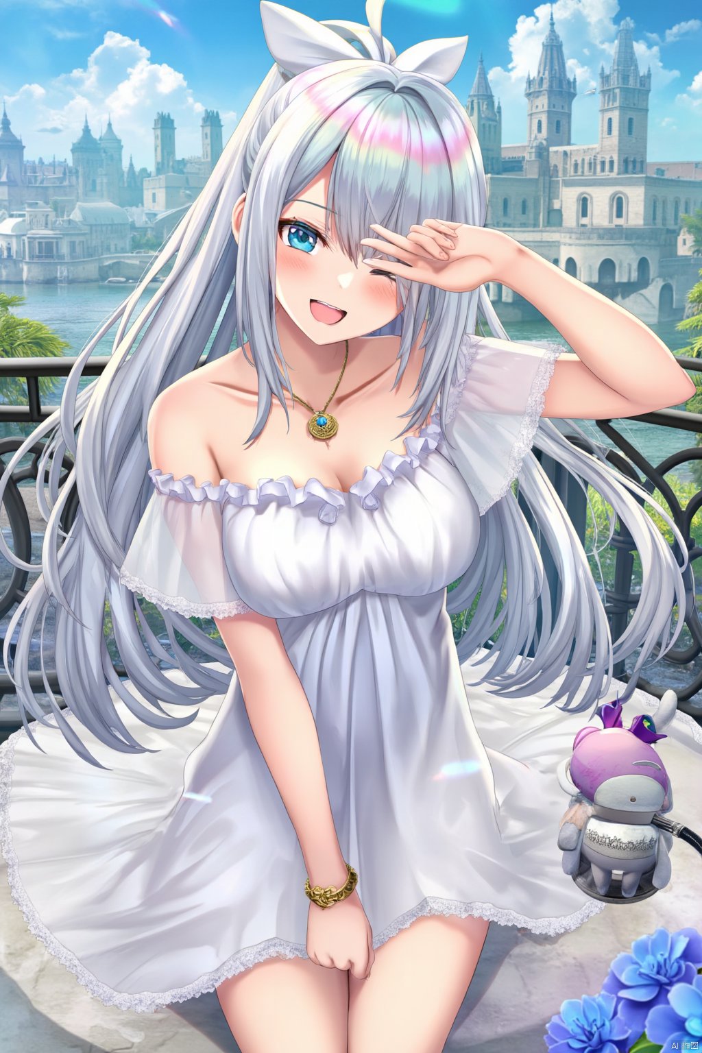 A high-quality masterpiece by artist Torino Aqua, featuring Anastasia from Fate, with long hair over one eye, blue eyes, and wearing a necklace and a dress. She has large breasts, bare shoulders, and a smile, surrounded by ice and water. The scene includes a pendant, a blue dress, a grey-haired doll, a flower, and a castle in the background. She is looking at the viewer with a blush, an open mouth, and a bow in her hair. The setting is outdoors, with a rainbow in the sky. She is solo, wearing a white dress and a bracelet, with her collarbone visible, and her very long hair in a ponytail.