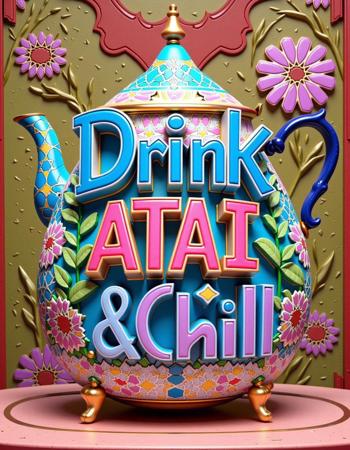 A title text saying "Drink ATAI & Chill"  3d text  made of  adrr-zllj <lora:Zellij_Flux:0.8> , a (teapot, mint, teacup :1.2) , hyperdetailed, minimalist landscapes, sentimental genre scenes, Colorful installations, very, unique, cinematic atmosphere, background inspired, deep rich colors  , <lora:Atai:1> adrr-t,