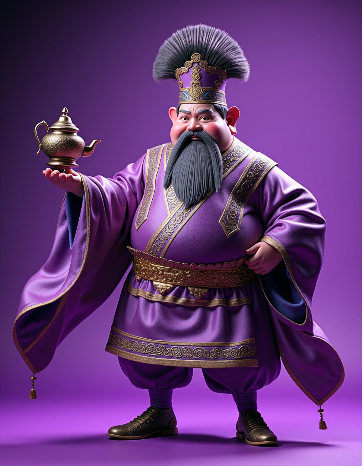 teapot, Virtual stocky traditional Ming Dynasty Man, Pirate, dressed in Skirted Satin chemise, his hair is traditional Chinese, Abstract Art, purple hue, ultra high res, <lora:Atai:1> adrr, grand illumination, highly detail, shiny, positive emotional, dynamic