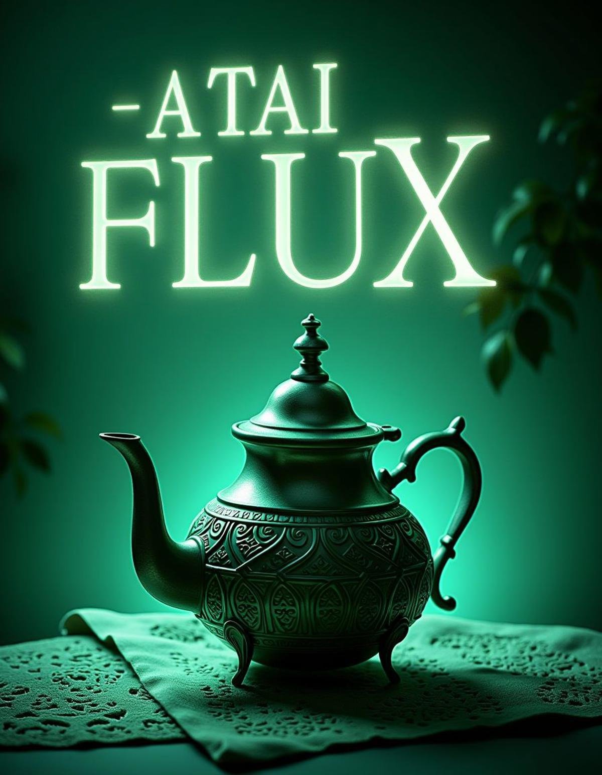 A title text saying "ATAI FLUX" 3d text, a teapot, pleasant Female Angel, alluring Handkerchief, at Twilight, Monochromatic green filter, hyperdetailed, flawless, <lora:Atai-000004:1>, extremely stylish, extremely rich detail, illustrious quality, deep aesthetic, rich deep colors, magical