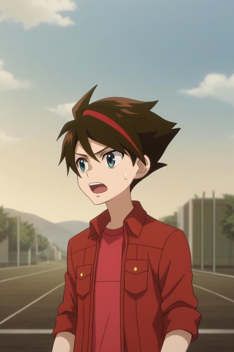 score_9, score_8_up, score_7_up, score_6_up, masterpiece, best quality, amazing quality, best aesthetic, absurdres, intricate details,dan kouzo, brown hair, blue eyes, red jacket, red shirt, 1boy, male focus, solo, multicolored hair, open mouth, sky, jacket, streaked hair, anime coloring, outdoors, cloud, two-tone hair, sweatdrop, day, upper body<lora:EMS-469422-EMS:1.000000>