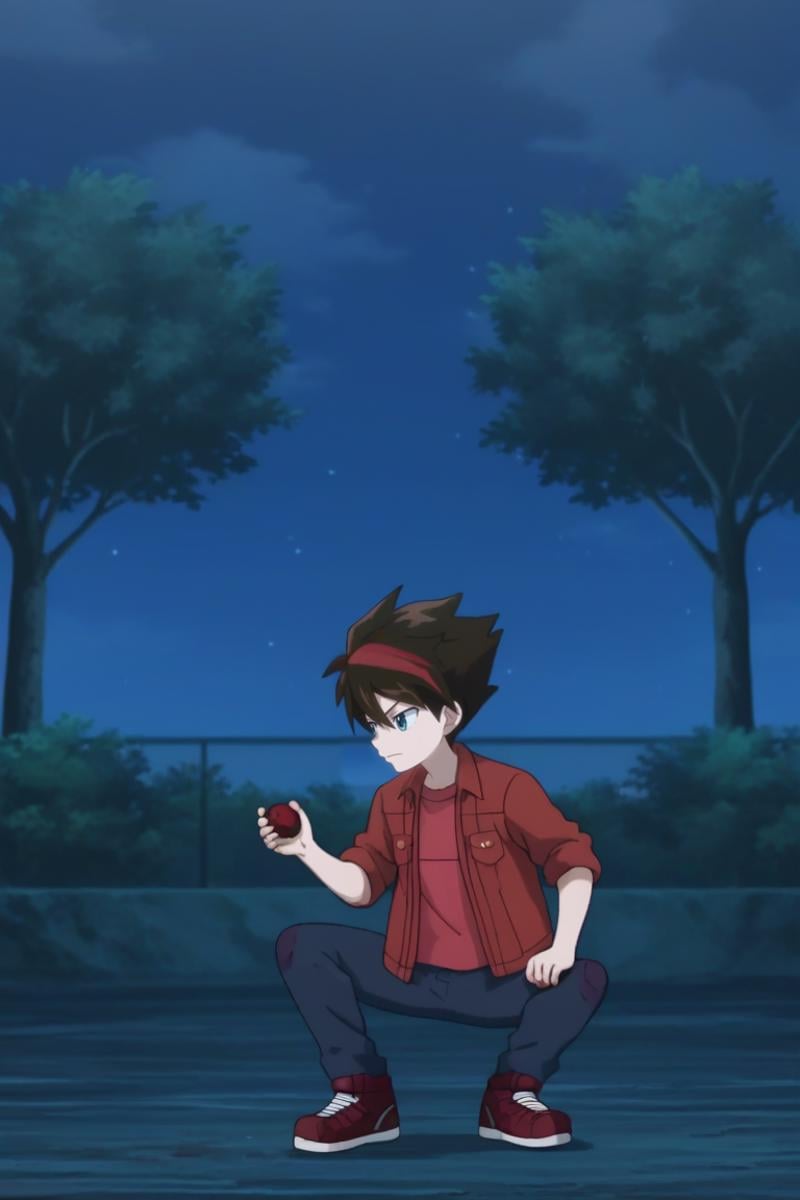 score_9, score_8_up, score_7_up, score_6_up, masterpiece, best quality, amazing quality, best aesthetic, absurdres, intricate details,dan kouzo, brown hair, blue eyes, red jacket, red shirt, solo, poke ball, jacket, 1boy, night, male focus, pants, holding poke ball, outdoors, holding, parody, shoes, poke ball (basic), jeans, shirt, sky, denim, tree, bush, night sky, sneakers, short hair, blue pants, red shoes, red hair, multicolored hair<lora:EMS-469422-EMS:1.000000>