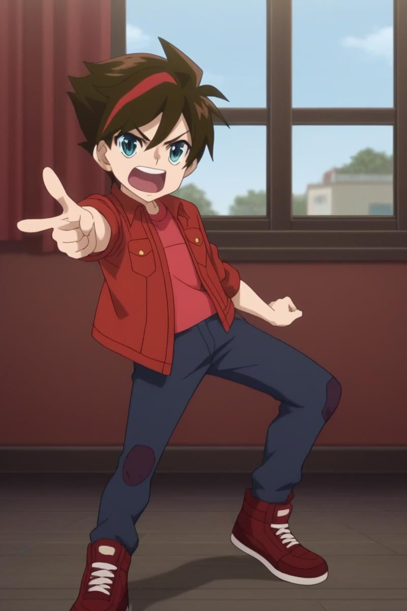 score_9, score_8_up, score_7_up, score_6_up, masterpiece, best quality, amazing quality, best aesthetic, absurdres, intricate details, dan kouzo, brown hair, blue eyes, red jacket, red shirt, 1boy, male focus, pointing, jacket, multicolored hair, window, parody, pants, solo, open mouth, denim, shirt, jeans, shoes<lora:EMS-469422-EMS:1.000000>