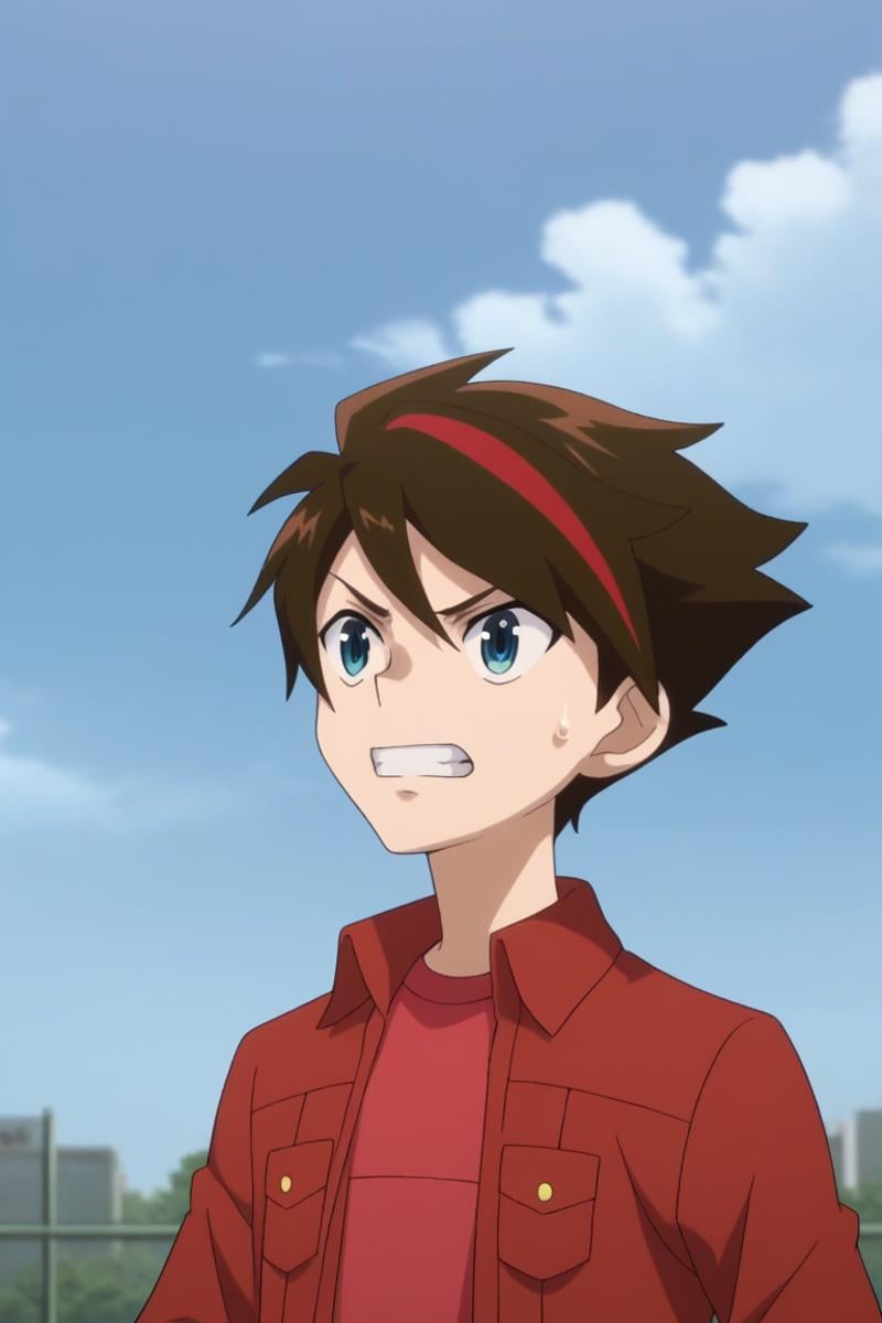 score_9, score_8_up, score_7_up, score_6_up, masterpiece, best quality, amazing quality, best aesthetic, absurdres, intricate details,dan kouzo, brown hair, blue eyes, red jacket, red shirt, 1boy, male focus, solo, clenched teeth, teeth, cloud, sky, multicolored hair, streaked hair, red hair, day, blue sky, shirt, sweatdrop, upper body, sweat<lora:EMS-469422-EMS:1.000000>