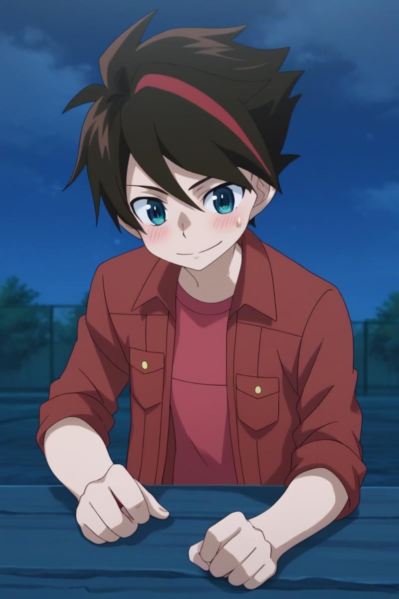 score_9, score_8_up, score_7_up, score_6_up, masterpiece, best quality, amazing quality, best aesthetic, absurdres, intricate details,dan kouzo, brown hair, blue eyes, red jacket, red shirt, 1boy, male focus, solo, blush, night, sky, multicolored hair, streaked hair, night sky, shirt, red hair, smile, sweatdrop<lora:EMS-469422-EMS:1.000000>