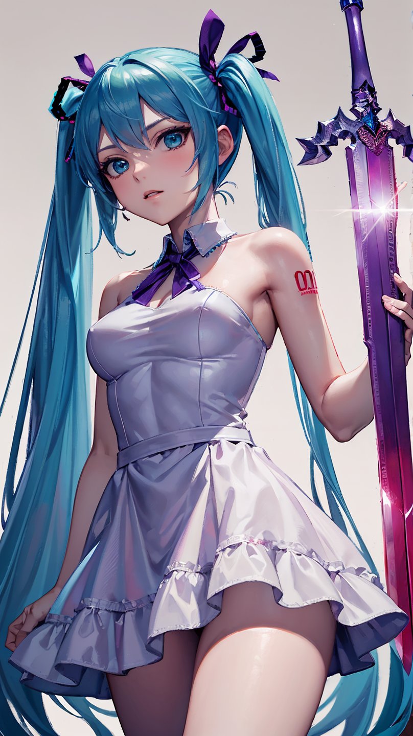 1girl, solo, dress, long hair, hatsune miku, twintails, , aqua hair, ribbon, , hair ribbon, aqua eyes, , , , white dress,  holding sword,weapon, sword, zidianjingjian, crystal sword, purple handle, purple sword, circle pommel,
