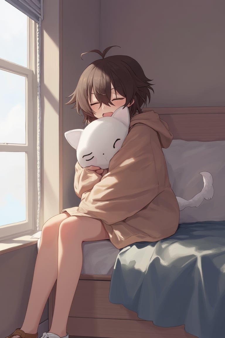 In a peaceful bedroom, an anime girl with messy brown hair and sleepy eyes wears an oversized hoodie. She sits on the edge of her bed, clutching a plush cat pillow, her feet dangling off the floor as she stifles a yawn