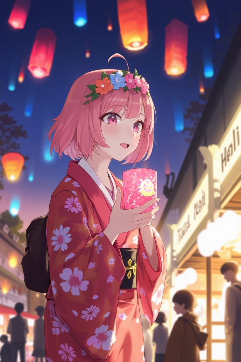 In a lively festival scene, an anime girl with short pink hair and a flower crown wears a traditional yukata. She stands in front of a booth, holding a colorful paper lantern, her eyes wide with excitement as she watches the lanterns light up the night sky