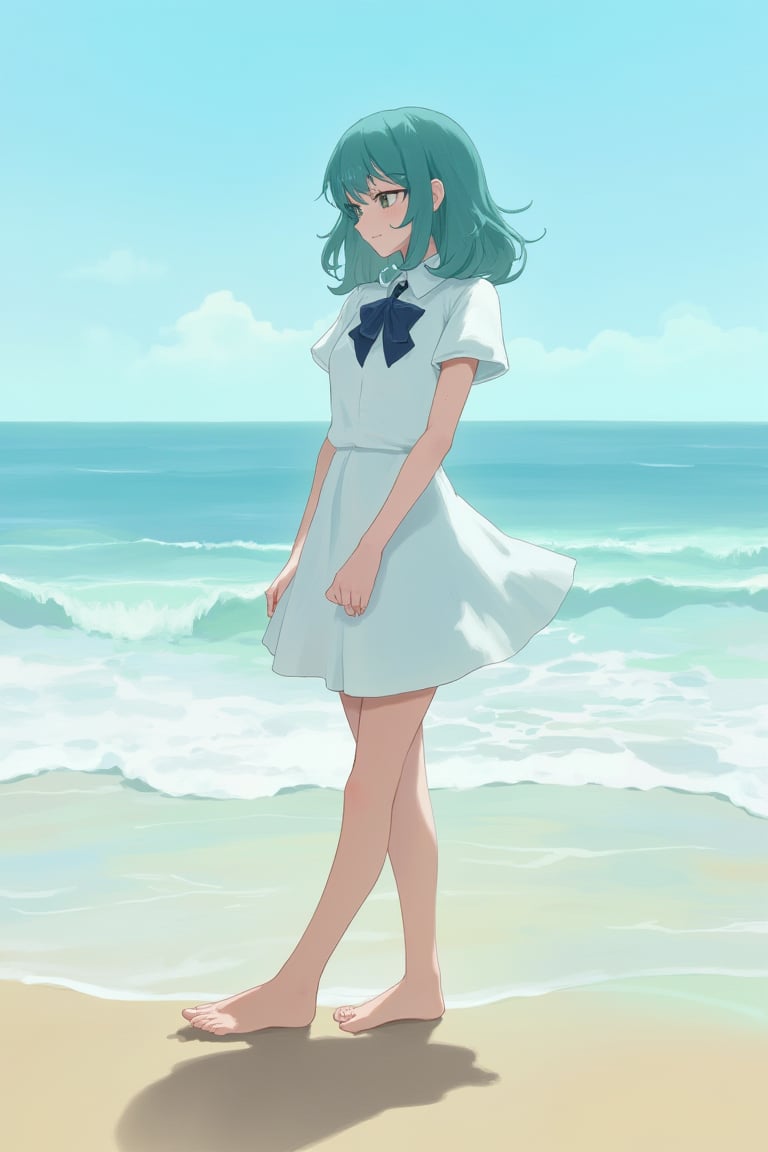 In a small, quiet beach, an anime girl with shoulder-length teal hair and tanned skin wears a simple white dress. She stands at the water's edge, her feet sinking into the wet sand, as she watches the waves gently lap against the shore, her expression peaceful and reflective