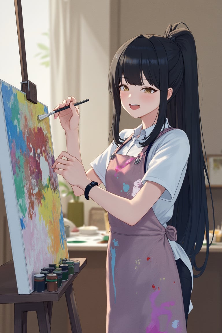 In a serene art studio, an anime girl with long, straight black hair tied in a ponytail wears a paint-splattered apron. She stands before a canvas, her face concentrated as she adds the final strokes to a colorful painting, a contented smile forming on her lips