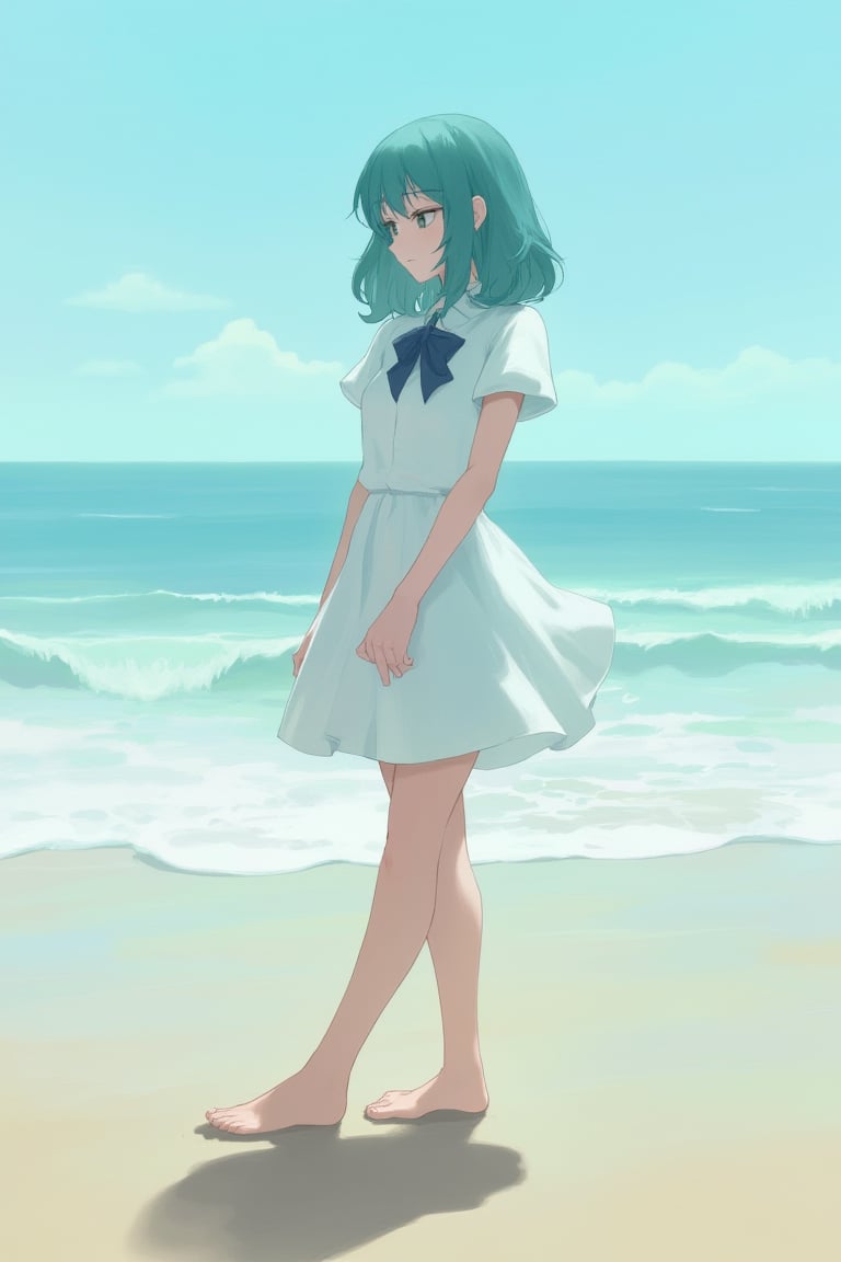 In a small, quiet beach, an anime girl with shoulder-length teal hair and tanned skin wears a simple white dress. She stands at the water's edge, her feet sinking into the wet sand, as she watches the waves gently lap against the shore, her expression peaceful and reflective