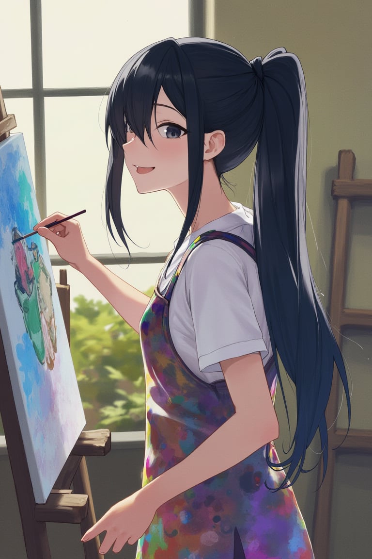 In a serene art studio, an anime girl with long, straight black hair tied in a ponytail wears a paint-splattered apron. She stands before a canvas, her face concentrated as she adds the final strokes to a colorful painting, a contented smile forming on her lips