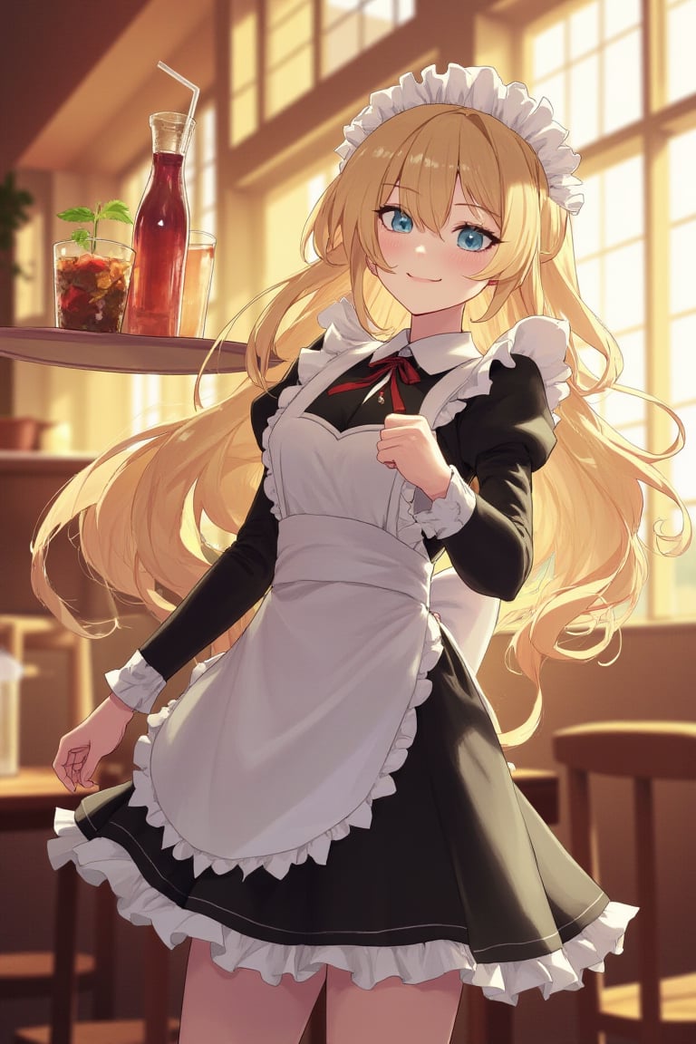 In a warm, bustling cafe, an anime girl with long, wavy blonde hair and bright blue eyes wears a cute maid outfit. She balances a tray of drinks, her expression focused and determined as she weaves through the tables with a playful smile