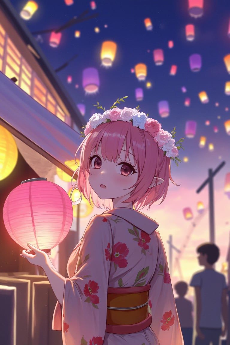 In a lively festival scene, an anime girl with short pink hair and a flower crown wears a traditional yukata. She stands in front of a booth, holding a colorful paper lantern, her eyes wide with excitement as she watches the lanterns light up the night sky