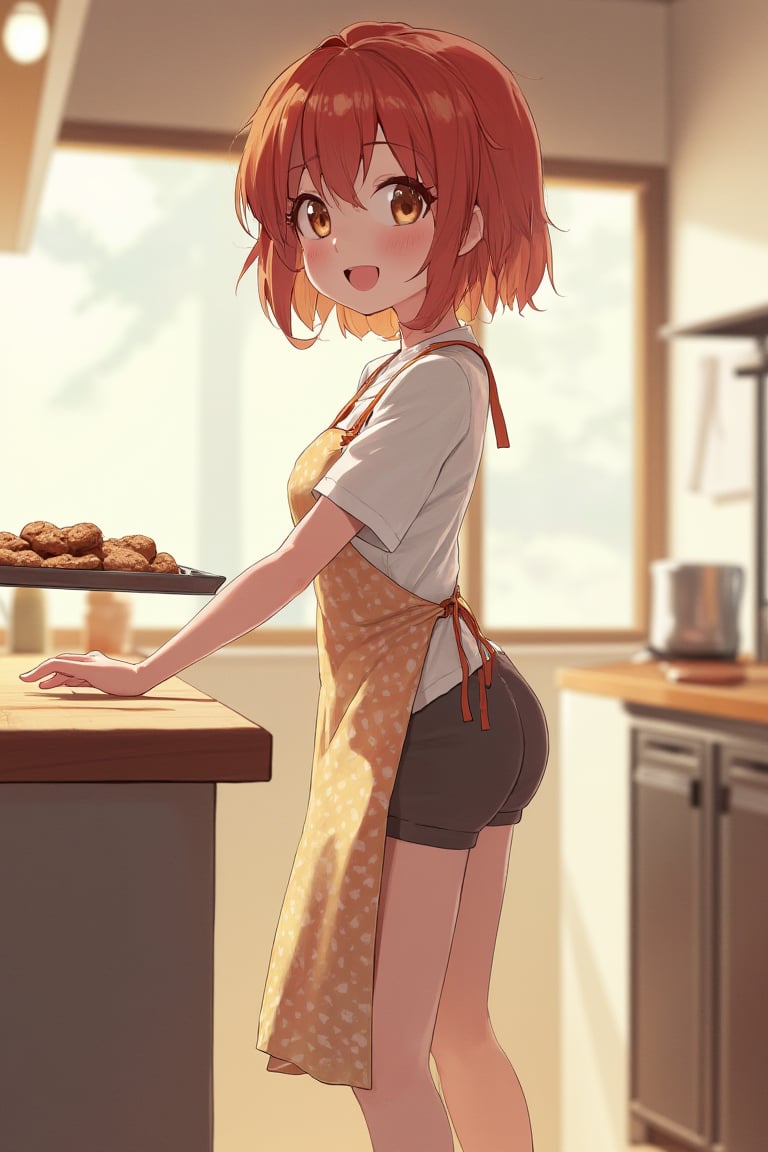 In a small, bright kitchen, a cheerful anime girl with short auburn hair and freckles wears an apron over her casual clothes. She stands on her tiptoes, carefully placing a tray of freshly baked cookies on the counter, her eyes sparkling with pride