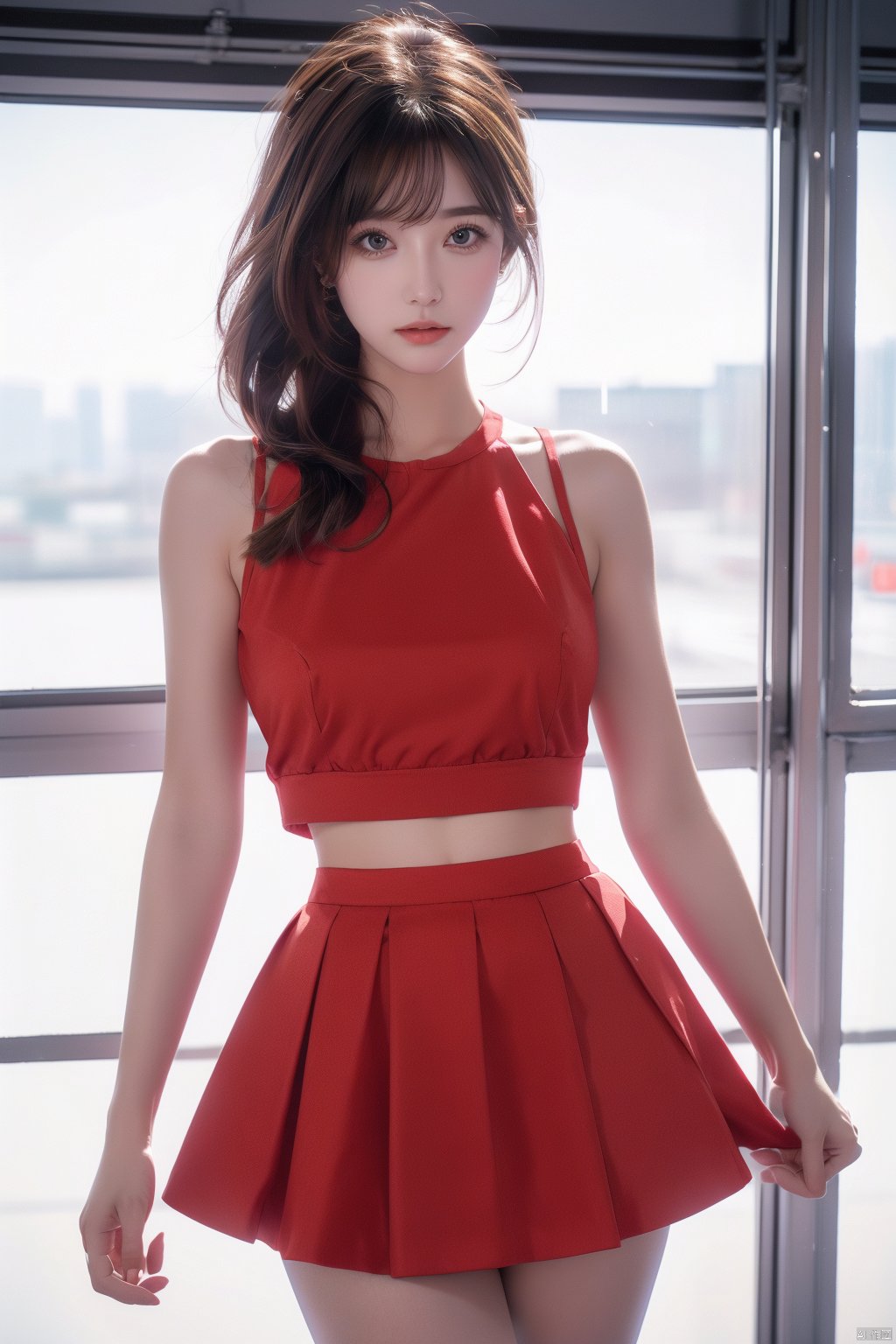 8K uhd, materpiece, a beautiful girl, detaild eye, good face, good skin, beautiful dress, red skirt, half skirt, fantacy, shining skirt, blur effect, high light, mind blowing, whole body capture,