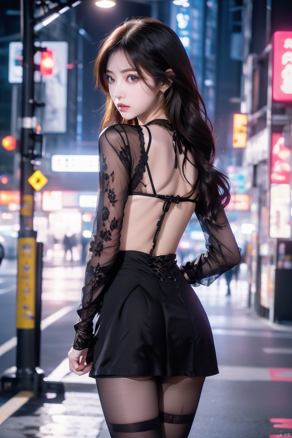 8K,masterpiece,RAW photos,Best quality,detail：1.2）,realism,Very detailed CG unified 8k,8K,Diamonds and wallpaper,Depth of Field,Film Light,lens flash,Ray Tracing,（Very beautiful face,Beautiful lips,beautiful eyes）,intricate detail face,（（Ultra-delicate skin））1 Girl,Korean female model,Darkness of the Night,Deep Shadow,Beautiful Korean girl,Korean Idol,（Very slim and slender muscular body：1.3）,（View audience）,（Tight mini skirt）,（Red Dress）,（Injection sleeve）,（City Night,（Neon Signs）,（night）,Beautiful Korean girl耳环,bracelet,Necklace,Lace-up pantyhose,Clear eyes,Walk,（Pale skin）,Facing forward,（big eyes）,（（Upper body shot））,Wear tights,Silk dress,Lace-up dress,See-through dress,Turn around,Back,Very slim,defamation,defamation