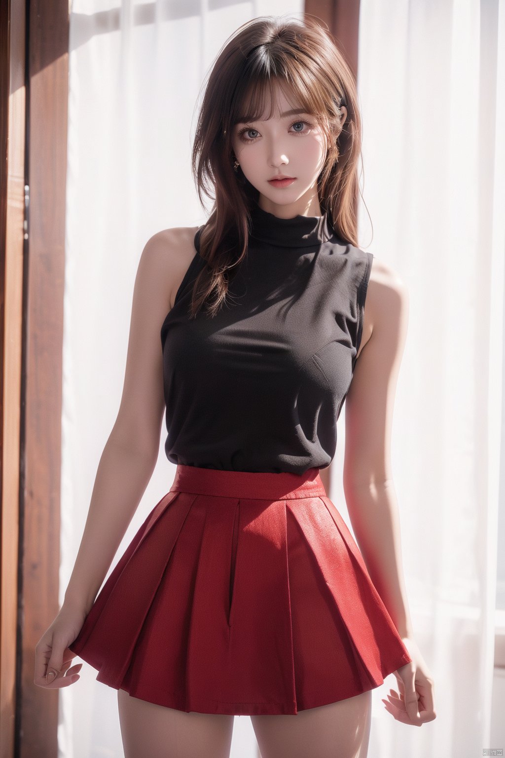 8K uhd, materpiece, a beautiful girl, detaild eye, good face, good skin, beautiful dress, red skirt, half skirt, fantacy, shining skirt, blur effect, high light, mind blowing, whole body capture,