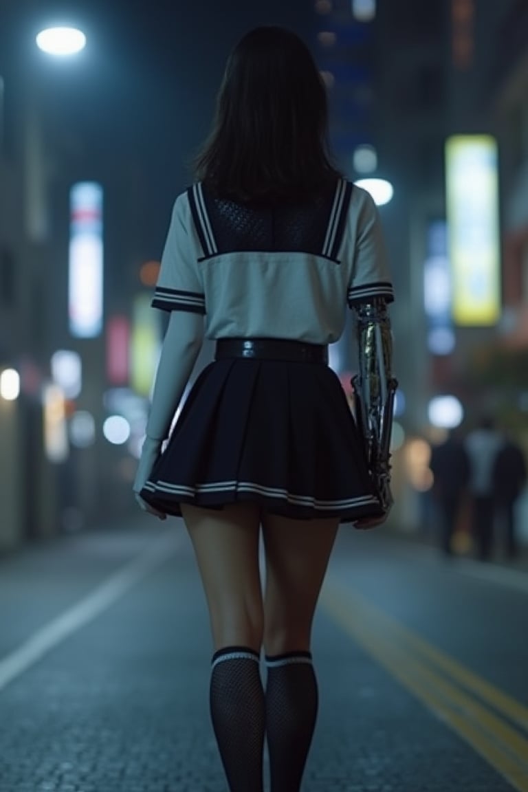 A beautiful Korean robot girl is wearing school uniform, walking in night street, exmachina, ava