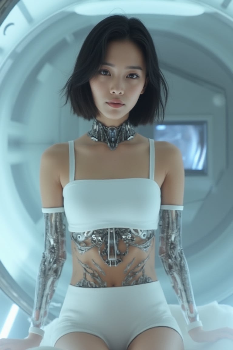 A beautiful Korean robot girl is wearing white tanktop and white microskirt, sitting in test chamber, exmachina, ava, photography, high resolution,